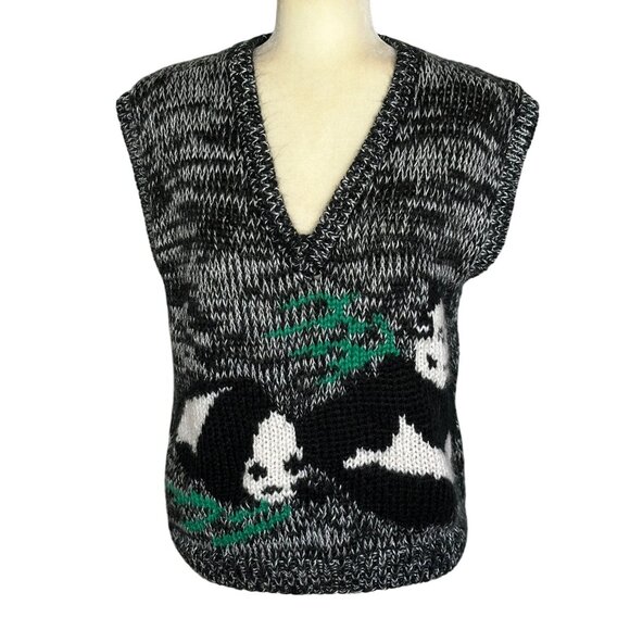 Panda Bear Sweater Vest Large Hand-Knit Pullover Vintage 1980s One Step Up RARE! - Picture 1 of 8